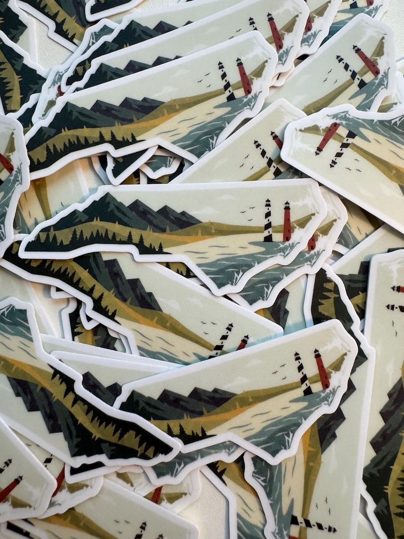 May include: A collection of stickers featuring a landscape design. The stickers depict a coastal scene with mountains, a lighthouse, and the outline of a state. The color palette includes greens, blues, and browns.