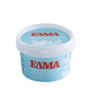May include: A white plastic container with a light blue label. The label features the brand name "FAMA" in red, along with text in multiple languages. The container holds 10.6 oz of a sweet product.