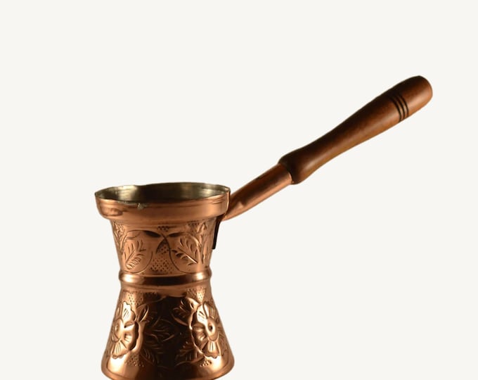 Traditional Greek Copper Carved Coffee Pot - Briki - with wooden handle