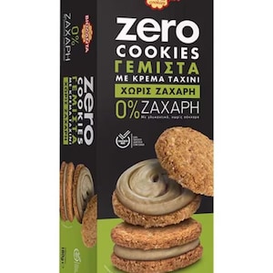 May include: A box of "Zero Cookies" with tahini cream filling. The packaging is black and green, with the brand name "Biolanta" and the words "Zero Cookies" in large white letters. The cookies are shown with a cream filling and the text "0% Sugar". The net weight is 180g.