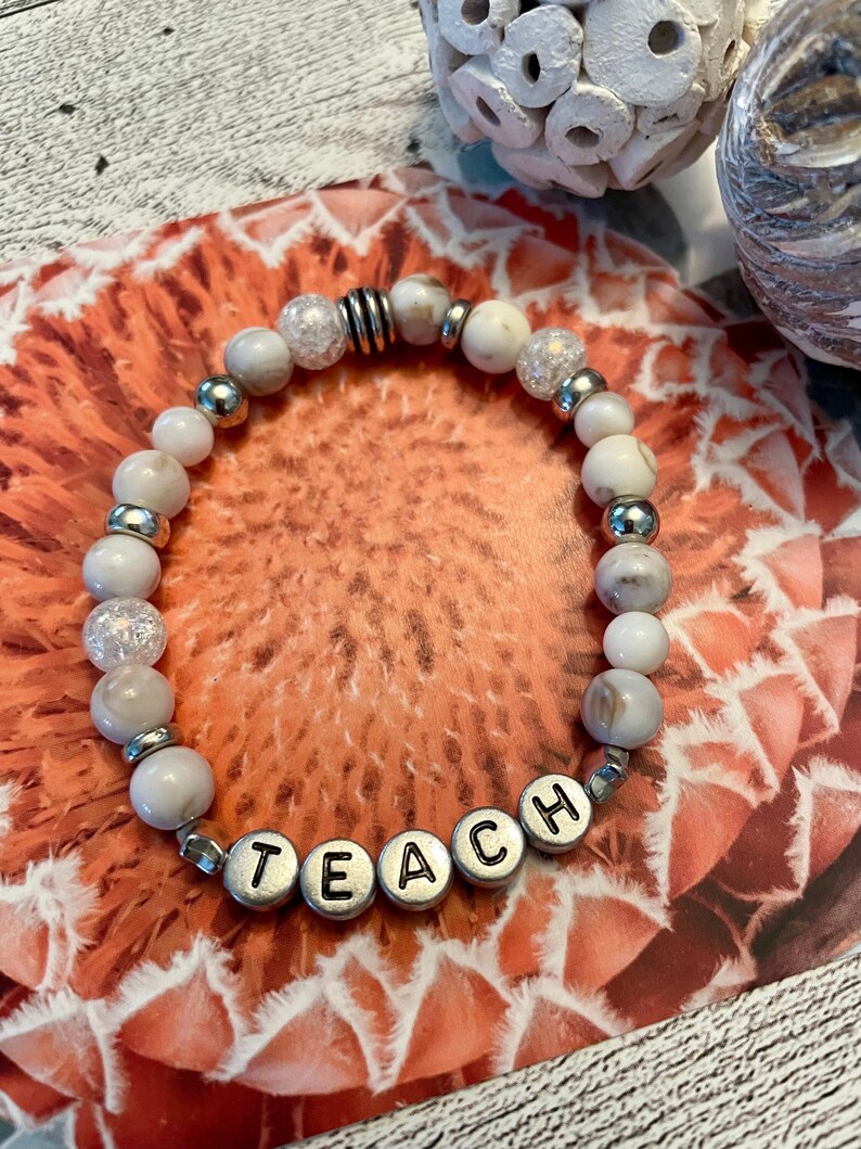 Teach Bracelet Word Bead Bracelet Cream With Silver Details Dainty