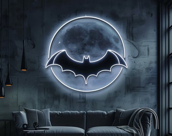 Bat and Moon LED Neon Sign, Custom Wall Decor, Bedroom and Porch Light Up Art, Unique Kids Room Lamp, Kids Bedroom Neon Decor, Vampire Decor
