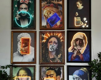 Individuell gerahmtes Kunstwerk, Neonmalerei Kunst, Moderne Leuchtreklamen, Einzigartige Neonlichtschilder, Moderne Mona Lisa Leinwand, Popkultur Acryldekor