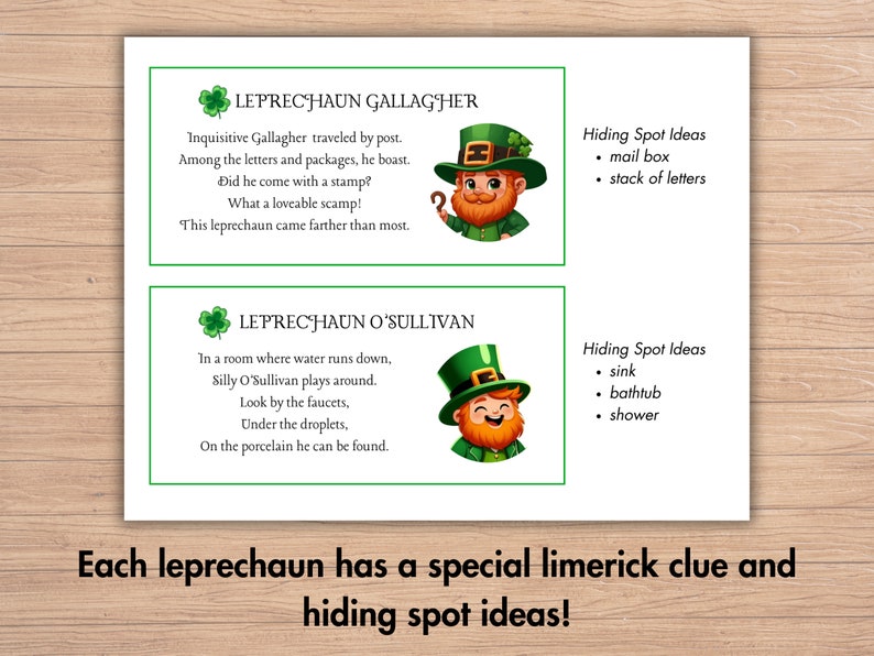 St. Patrick's Day scavenger hunt game to find 10 leprechauns with limerick clues
