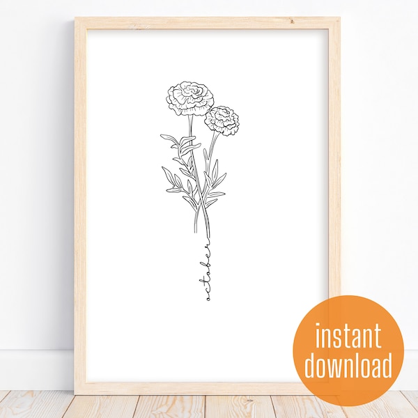 October birth flower with marigolds | minimalist, elegant, modern, illustrated sketch wall art | Digital Download and Printable