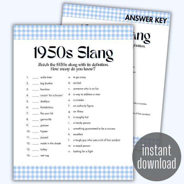 1950s Trivia Slang Game | Play with Kids and Adults | Digital Printable | Download and Print | friends family matching history activity