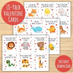 Pacote com 18 cartões de Dia dos Namorados | Trocadilhos ilustrados com animais para o Dia do Amor | Para crianças, estudantes, colegas de classe, professores, escola, amigos, família