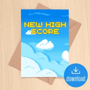 nieuwe hoogste score | wenskaart verjaardag afstuderen promotie | Retro klassieke videogamestijl uit de jaren 80 voor gamers | Afdrukbare digitale download