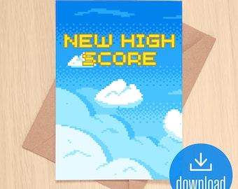 nouveau score élevé | carte de voeux pour la promotion de l'obtention du diplôme d'anniversaire | Style de jeu vidéo classique rétro des années 1980 pour les joueurs | Téléchargement numérique imprimable