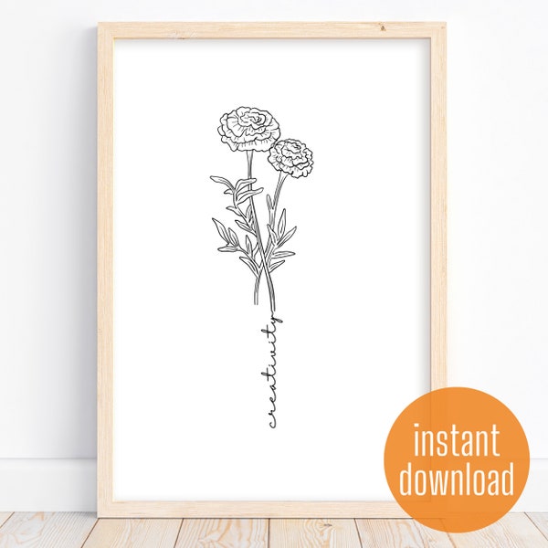 October birth flower with marigolds "creativity" | minimalist, elegant, modern, illustrated sketch wall art | Digital Download and Printable