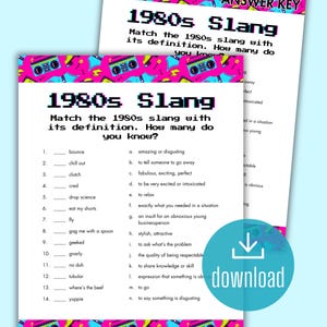 Jogo de perguntas e respostas sobre gírias dos anos 80 | Atividade para toda a família (Download digital)