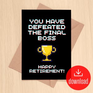 Retraite « Vous avez vaincu le boss final » | carte de voeux drôle | gamer rétro classique | collègue employé | Téléchargement numérique imprimable
