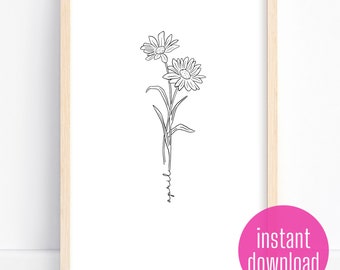 April birth flower with daisies | minimalist, elegant, modern, illustrated sketch wall art | Digital Download and Printable