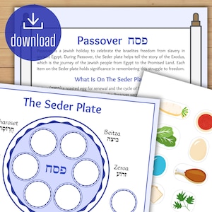 May include: A printable worksheet for a Passover Seder plate. The worksheet includes a blue and white Seder plate with six empty circles and the Hebrew word "Pesach" in the center. The worksheet also includes a list of items that should be placed on the Seder plate, with their Hebrew names.
