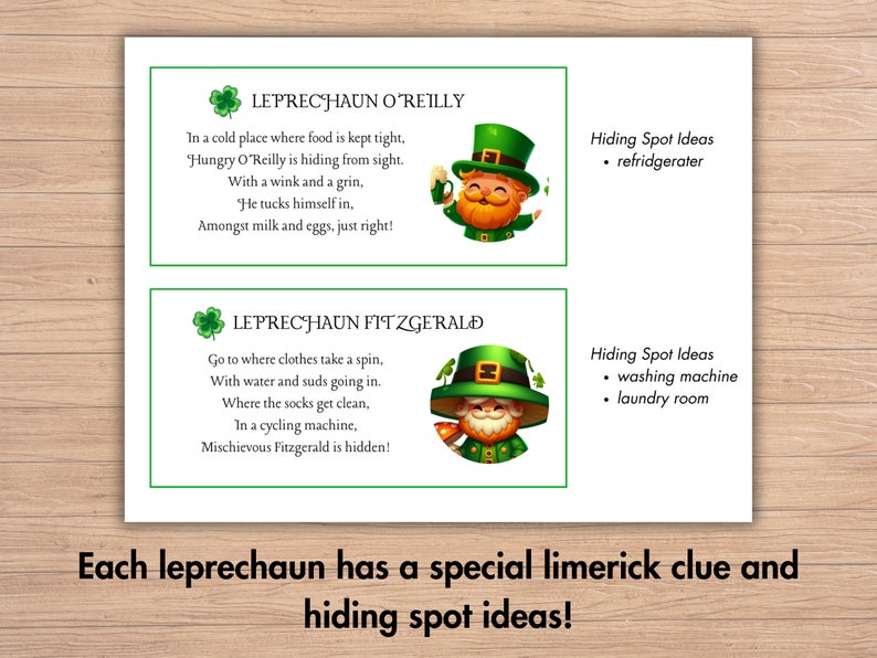 St. Patrick's Day scavenger hunt game to find 10 leprechauns with limerick clues