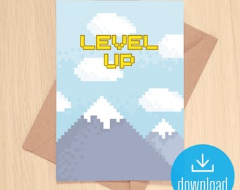 monter de niveau | carte de voeux pour la promotion de l'obtention du diplôme d'anniversaire | Style de jeu vidéo classique rétro des années 1980 pour les joueurs | Téléchargement numérique imprimable