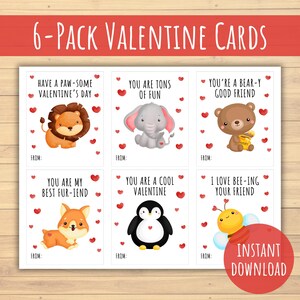 Pacote com 6 cartões de Dia dos Namorados | Trocadilhos ilustrados com animais para o Dia do Amor | Para crianças, estudantes, colegas de classe, professores, escola, amigos, família