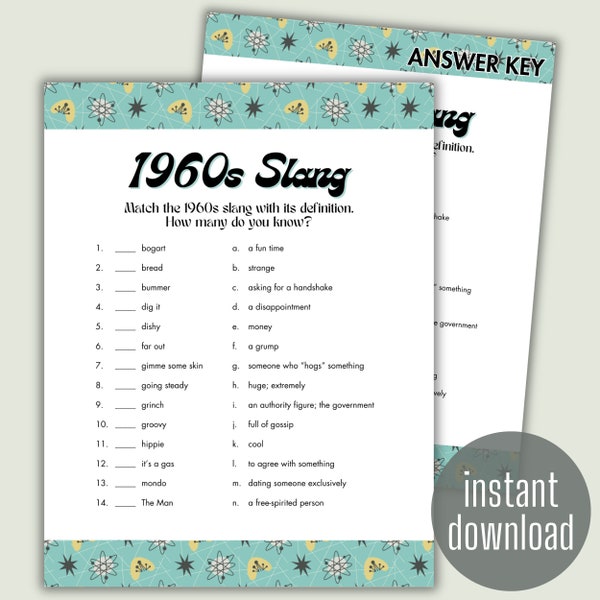 1960s Trivia Slang Game | Play with Kids and Adults | Digital Printable | Download and Print | friends family matching history activity