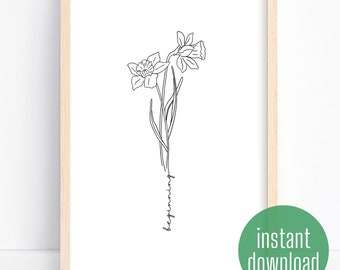 March birth flower with daffodils "beginnings" | minimalist, elegant, modern, illustrated sketch wall art | Digital Download and Printable