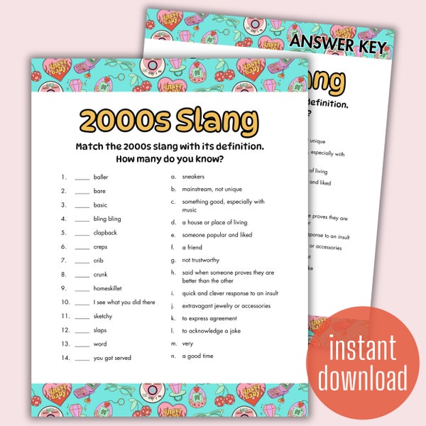 2000s Trivia Slang Game | Play with Kids and Adults | Digital Printable | Download and Print | friends family matching history activity