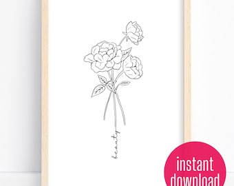 June birth flower with roses "beauty" | minimalist, elegant, modern, illustrated sketch wall art | Digital Download and Printable