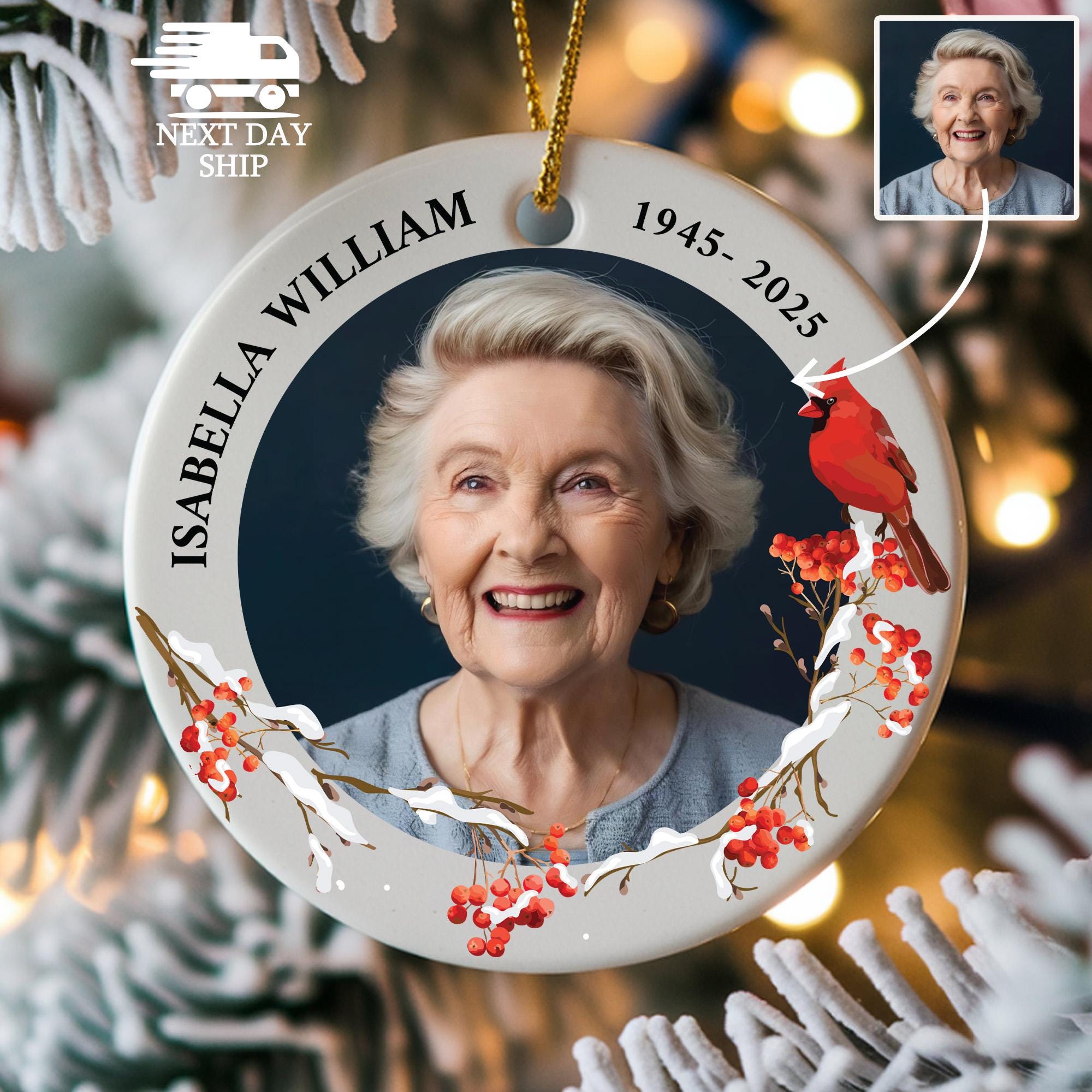 Personalized Memorial Photo Christmas Ornament, Cardinal Remembrance Keepsake