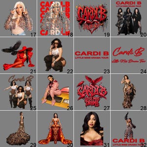 a collage of various images featuring Cardi B, including her outfits, poses, and promotional materials.