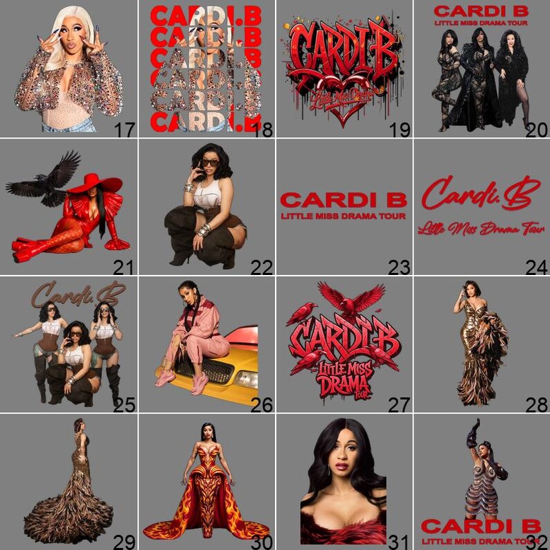 a collage of various images featuring Cardi B, including her outfits, poses, and promotional materials.