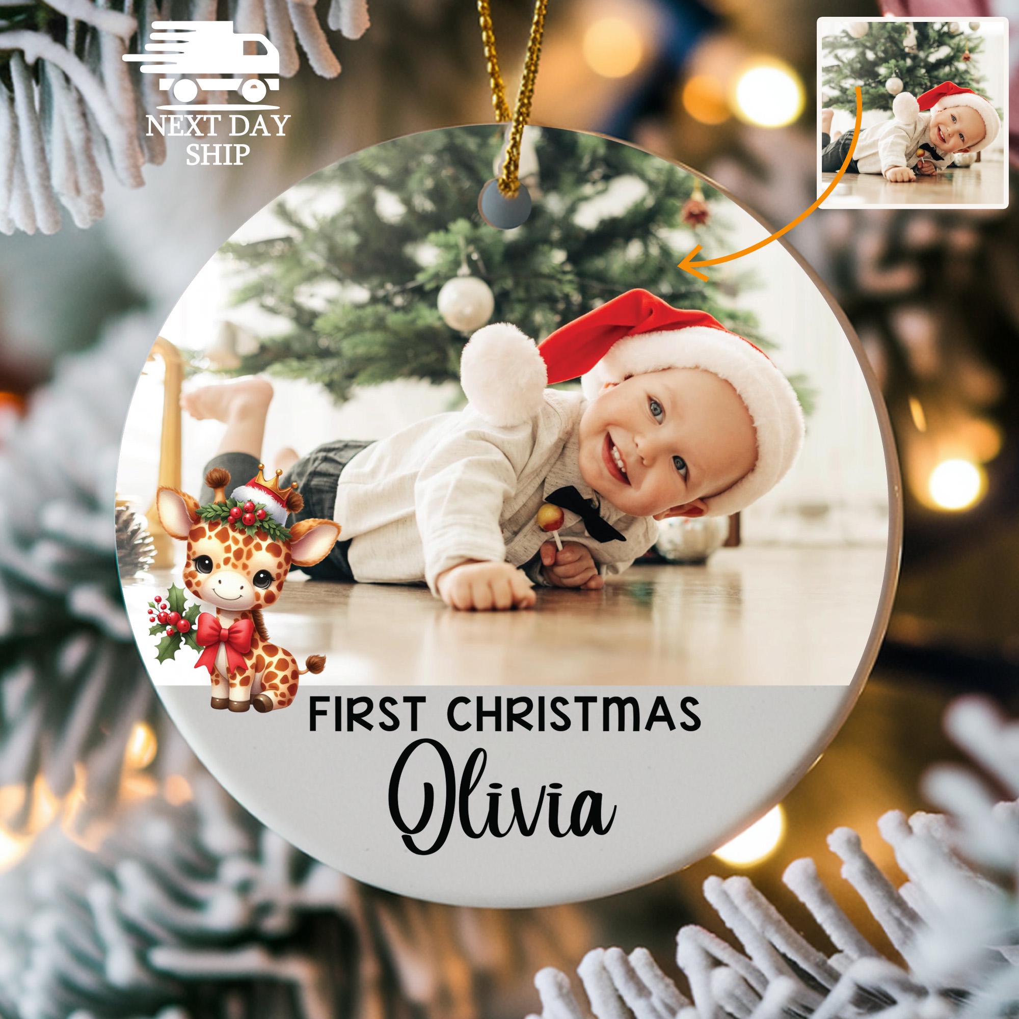 Personalized Baby's First Christmas Photo Ornament – Custom Giraffe Keepsake