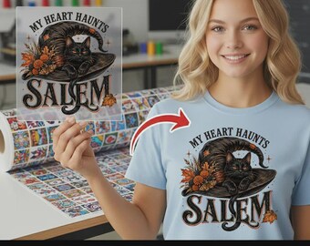 Salem Black Cat DTF Transfer, Witch Hat Ready To Press, Halloween Goth Occult Dark Academia Fall Vibes Witchcraft Heat Transfer