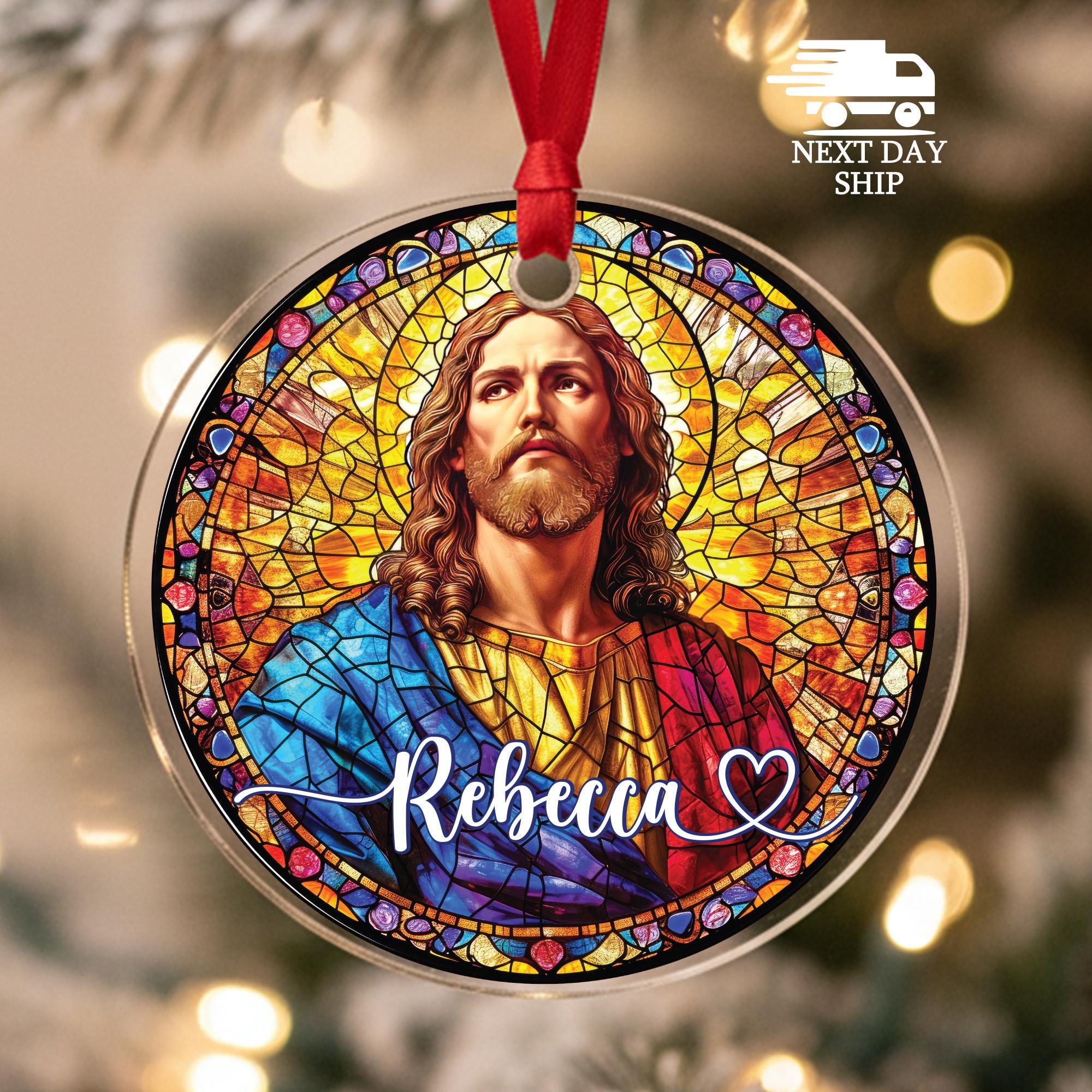 Personalized Jesus Ornament, Stained Glass Style, Christian Gift