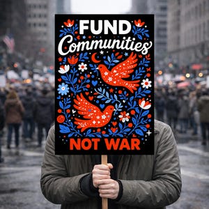 May include: A person holds a sign with the words "FUND Communities NOT WAR" in white text. The sign features two red birds with blue and white floral designs on a black background. The background shows a crowd of people.