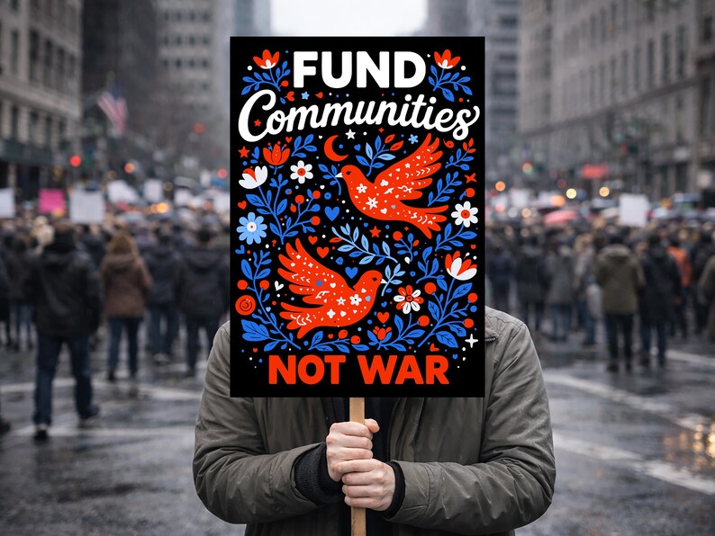 May include: A person holds a sign with the words "FUND Communities NOT WAR" in white text. The sign features two red birds with blue and white floral designs on a black background. The background shows a crowd of people.