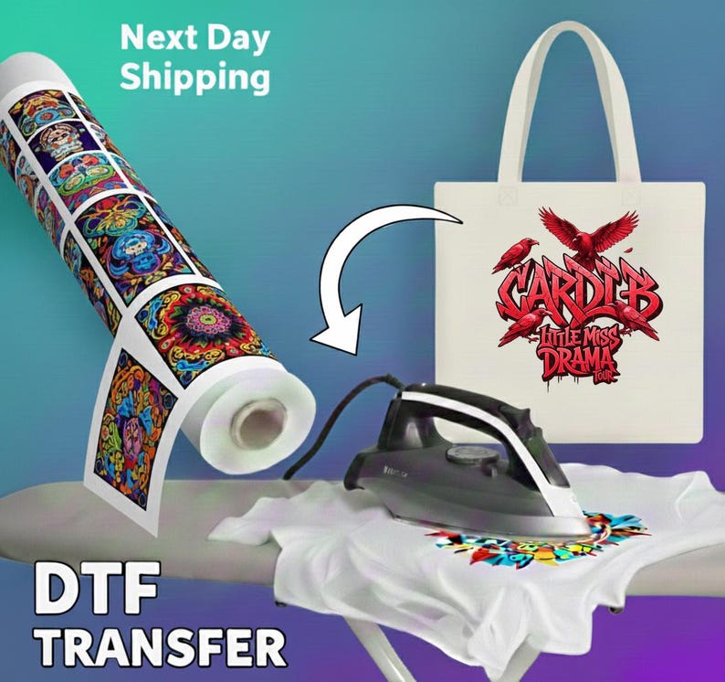 The image is an advertisement for a DTF (Digital Transfer Factory) service that allows users to transfer designs onto fabric using a specialized iron. The text "Next Day Shipping" indicates that the service is available for immediate delivery. The image also features a white tote bag with a colorful design and a hand-held iron, suggesting that the bag is being prepared for a design transfer.