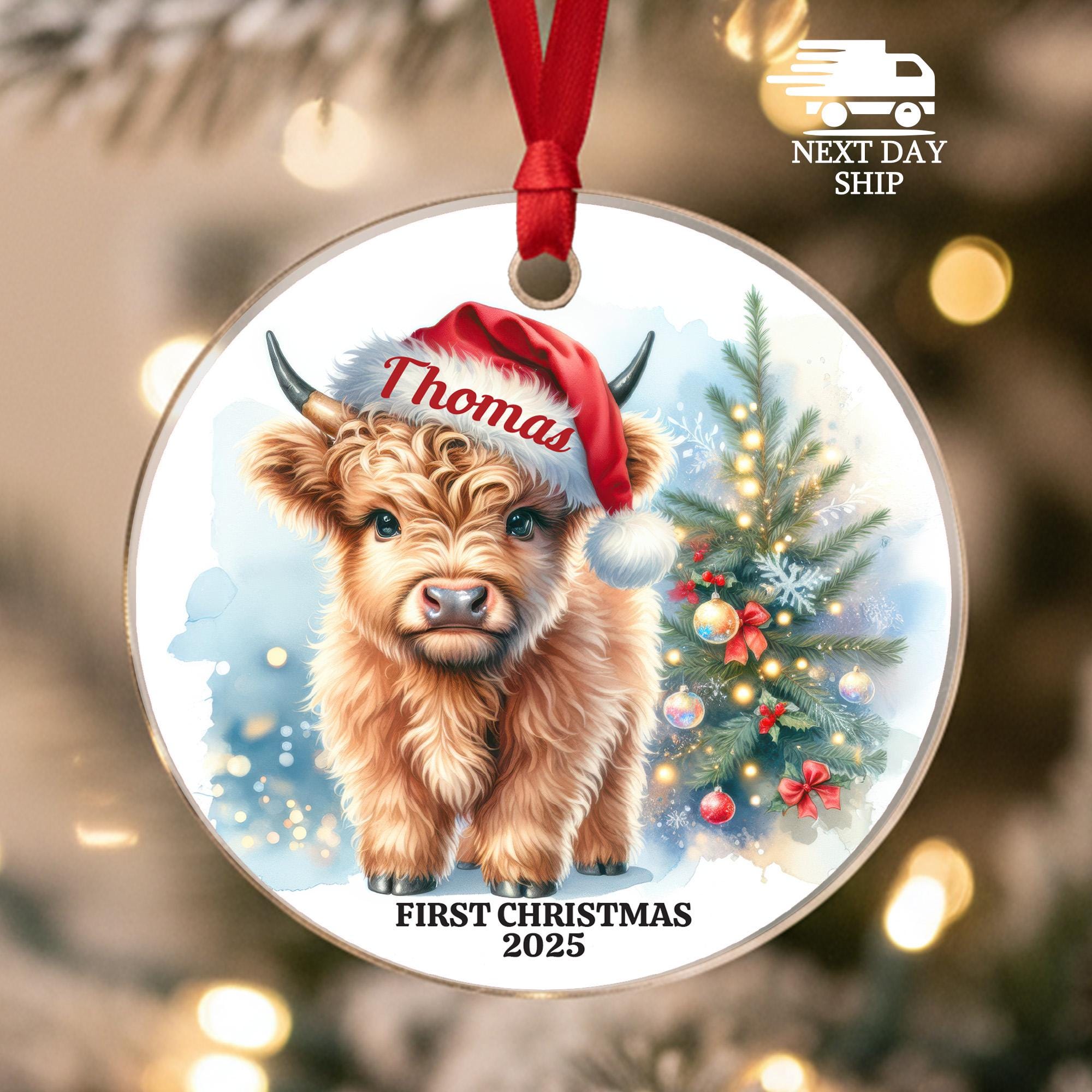 Personalized Highland Cow Ornament • Baby's First Christmas, Custom Farm Gift