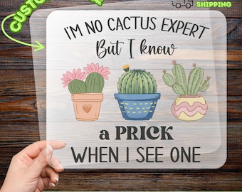 May include: A DTF transfer with the text "I'm no cactus expert but I know a prick when I see one." The design features three potted cacti in different styles. The transfer is customizable and ready to apply.