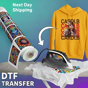The image is an advertisement for a DTF (Digital Transfer Factory) machine that is used for transferring designs onto fabric, such as a hoodie. The machine is shown with a roll of transfer paper and a hoodie with a design printed on it.