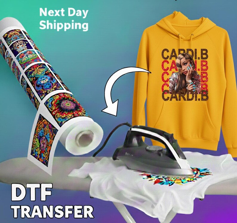 The image is an advertisement for a DTF (Digital Transfer Factory) machine that is used for transferring designs onto fabric, such as a hoodie. The machine is shown with a roll of transfer paper and a hoodie with a design printed on it.