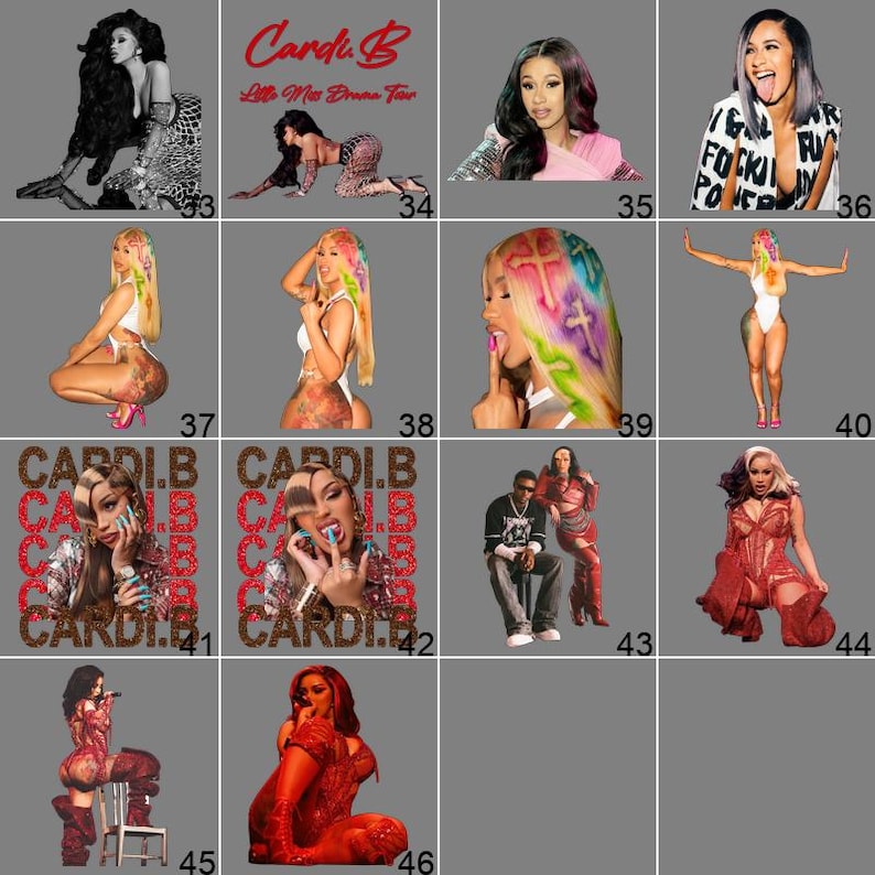 a collage of 16 images featuring Cardi B, a popular female rapper and singer. The images showcase various poses, outfits, and expressions of Cardi B, including her posing in different outfits, sitting and standing, and interacting with other people. The images are arranged in a grid format, with each row representing a different image and each column representing a different aspect of Cardi B's image, such as her appearance, attire, or actions.