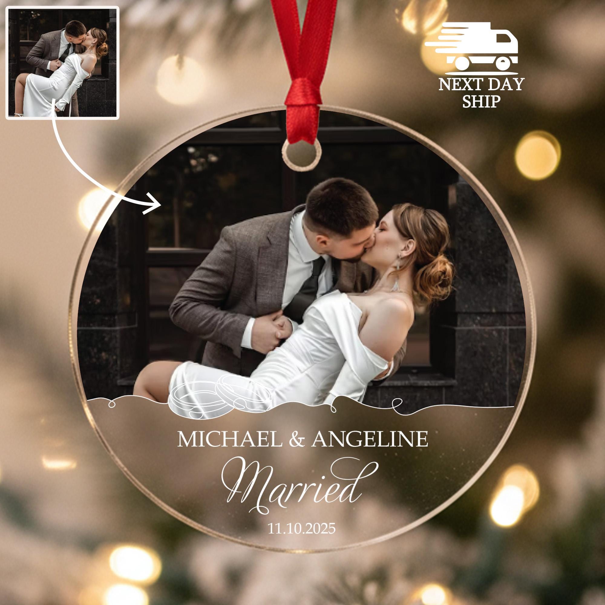 Personalized Wedding Photo Ornament, First Christmas Married Gift