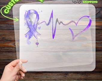 May include: A DTF transfer featuring a purple awareness ribbon, heartbeat line, and heart design. The words "CUSTOMIZABLE" and "READY TO APPLY" are in green, and "NEXT DAY SHIPPING" is also visible. The words "DTF TRANSFER" are in green at the bottom.