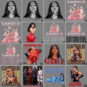 a collage of 16 images featuring a woman in various poses and outfits, along with text related to the "Cardi B" music tour.