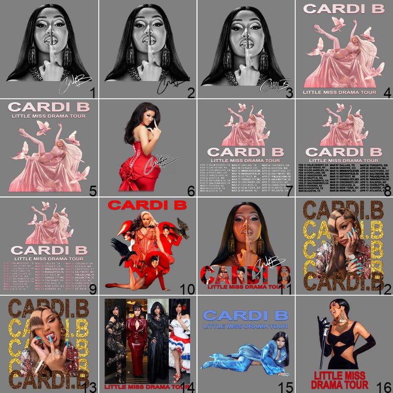 a collage of 16 images featuring a woman in various poses and outfits, along with text related to the "Cardi B" music tour.