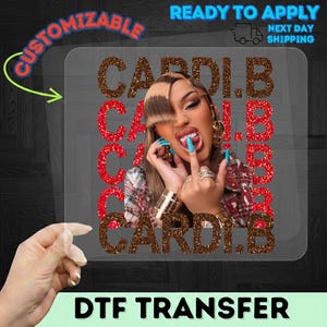 The image is a collage featuring a woman with a glittery design overlaid on her face, along with the text "CARDI.B" and "CARDI.B" repeated in a glittery font.