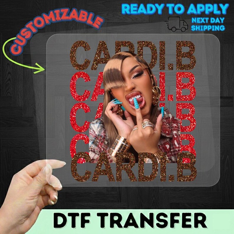 The image is a collage featuring a woman with a glittery design overlaid on her face, along with the text "CARDI.B" and "CARDI.B" repeated in a glittery font.