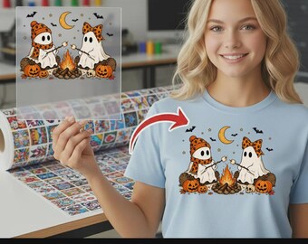 Halloween Ghost Campfire DTF Transfer, Halloween Season Ready To Press, Cute Ghost Couple Roasting Marshmallows, Trick or Treat HTV