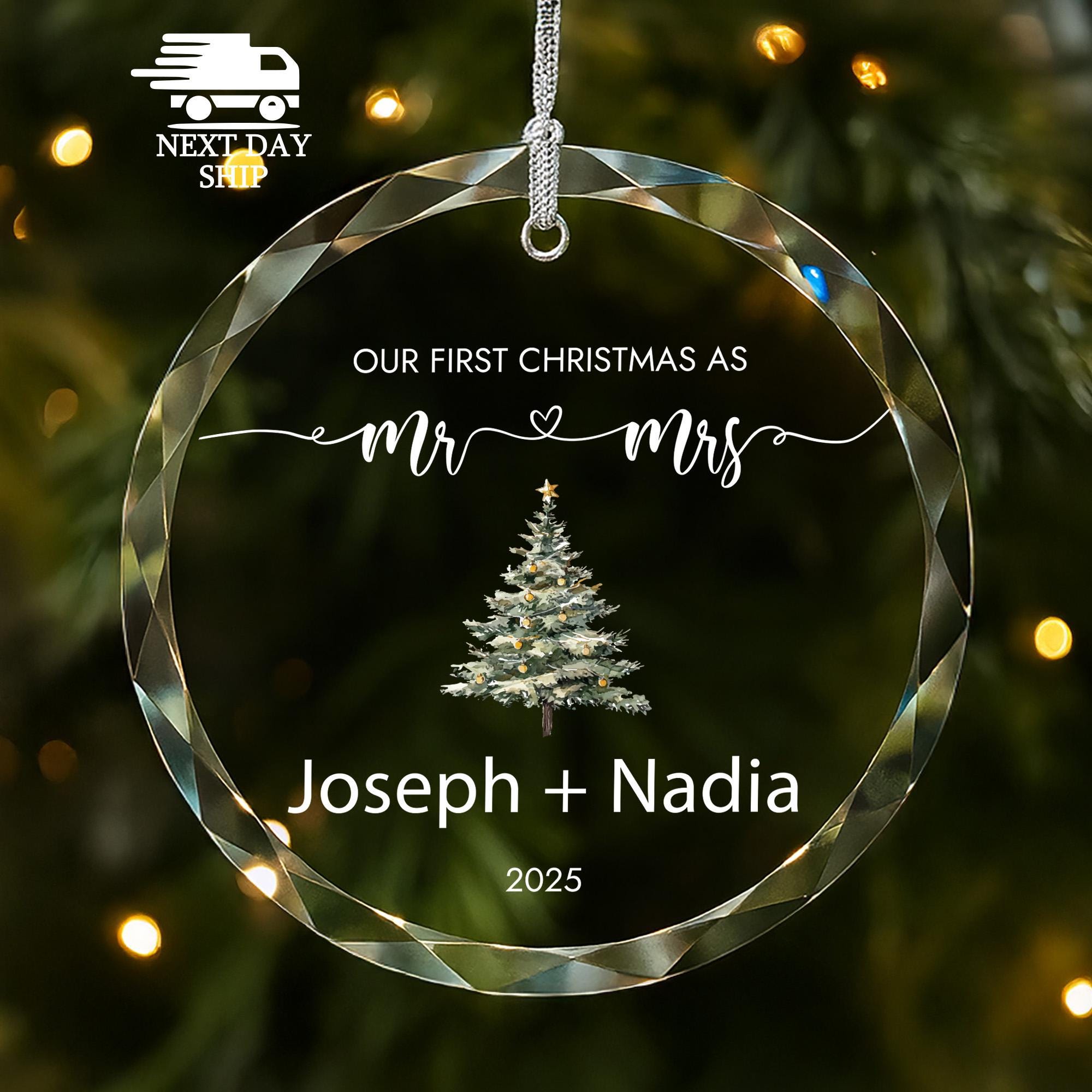 Personalized Mr & Mrs Ornament, First Christmas Keepsake, UV Printed