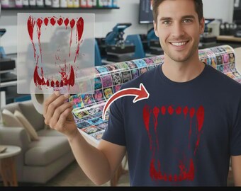 Bloody Fangs DTF Transfer - Ready To Press Vampire Mouth Horror Design - Grunge Red Teeth Halloween Apparel Iron-On for Halloween