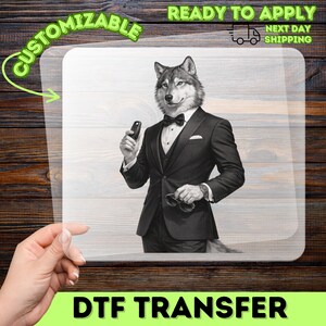 Wolf Tuxedo Iron-On Decal, Humorous Animal DTF Transfer, Stylish Ready to Press