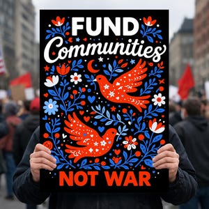 May include: A black sign with the words "FUND Communities NOT WAR" in white and red lettering. The sign features two red doves with floral and leaf designs in blue and white. The background shows a crowd of people.